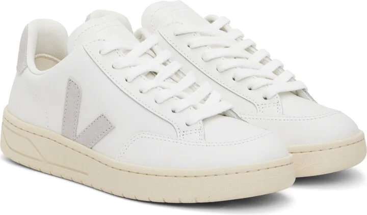 VEJA White & Gray V-12 Leather Sneakers - Image 4