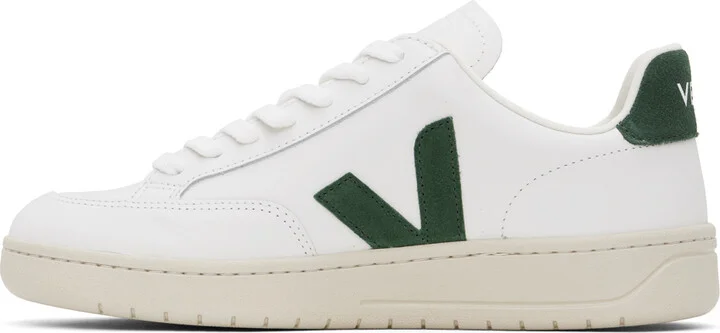 VEJA White & Green V-12 Leather Sneakers - Image 3