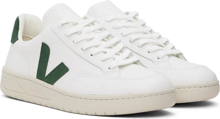 VEJA White & Green V-12 Leather Sneakers - Image 4