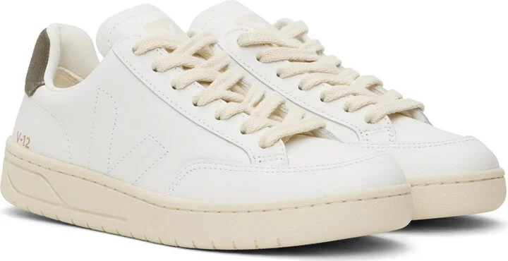 VEJA White & Khaki V-12 Stitch Leather Sneakers - Image 4