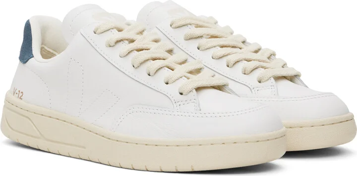 VEJA White & Navy V-12 Stitch Leather Sneakers - Image 4