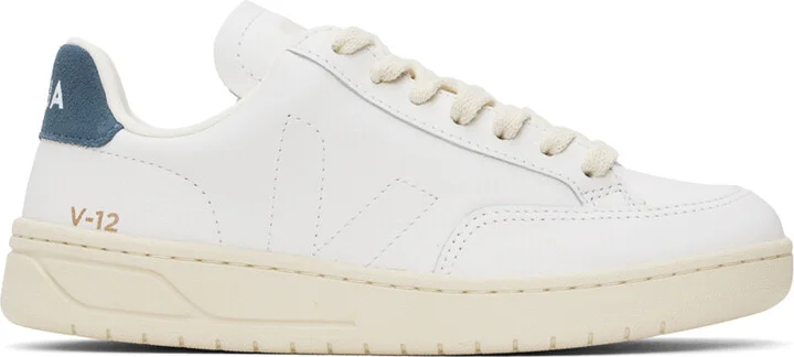 VEJA White & Navy V-12 Stitch Leather Sneakers