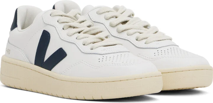VEJA White & Navy V-90 Leather Sneakers - Image 4