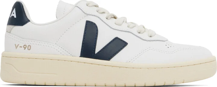 VEJA White & Navy V-90 Leather Sneakers