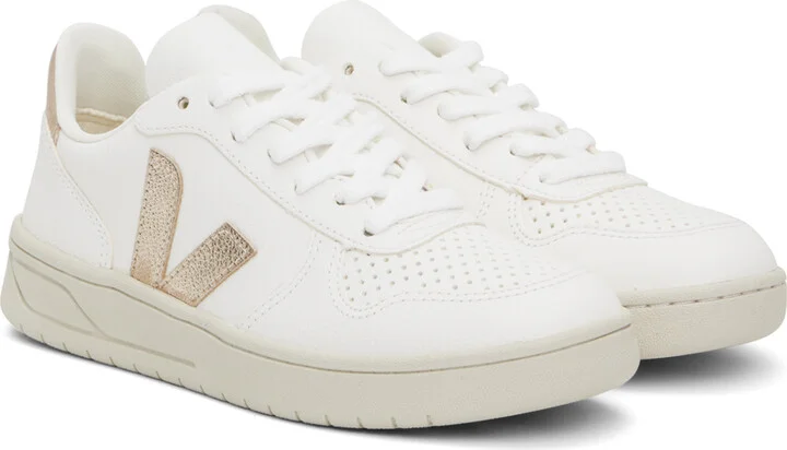 VEJA White & Rose Gold V-10 Leather Sneakers - Image 4
