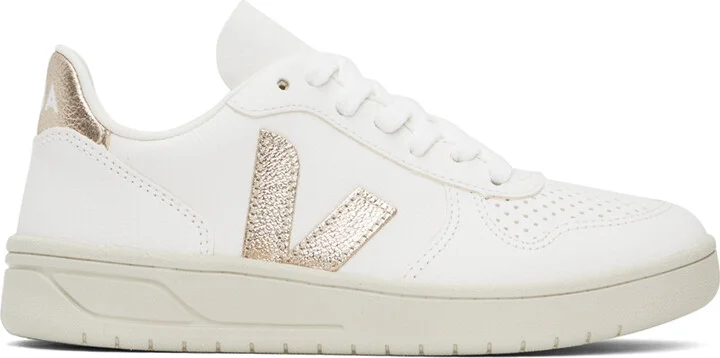 VEJA White & Rose Gold V-10 Leather Sneakers