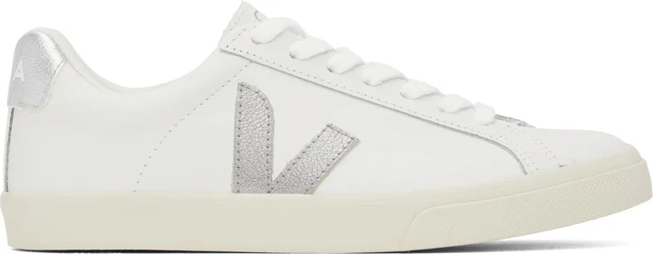 VEJA White & Silver Esplar Leather Sneakers