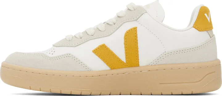 VEJA White & Yellow V-90 Leather Sneakers - Image 3