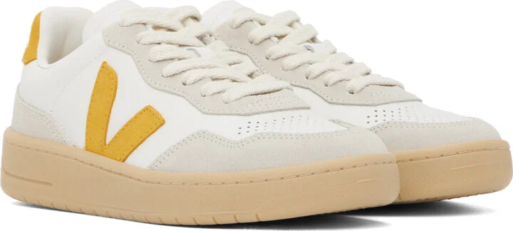 VEJA White & Yellow V-90 Leather Sneakers - Image 4