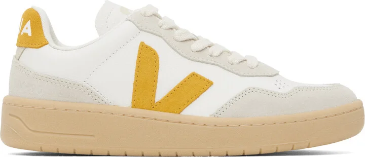 VEJA White & Yellow V-90 Leather Sneakers