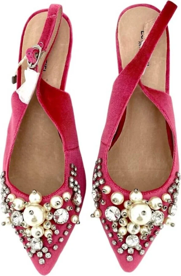 Velvet Crystals Pearls Pointed Toe Kitten Pumps In Pink