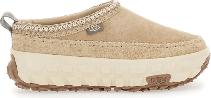 'Venture Daze' Beige Mules With Decorative Stitching And Side Logo Patch In Suede Man