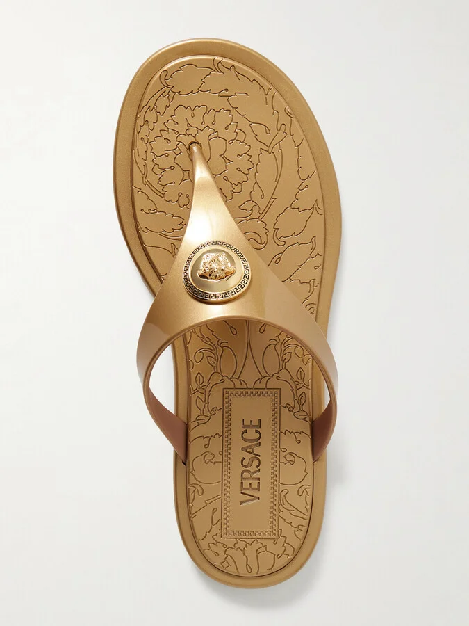 Versace - Alia Embellished Metallic Rubber Flip Flops - Gold - Image 5