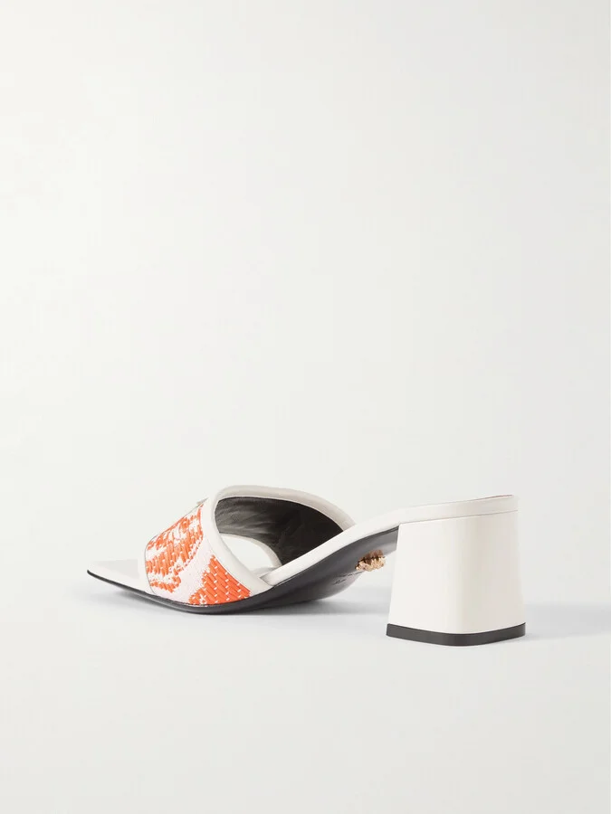 Versace - Appliquéd Leather-trimmed Woven Faux Raffia Mules - Orange - Image 3