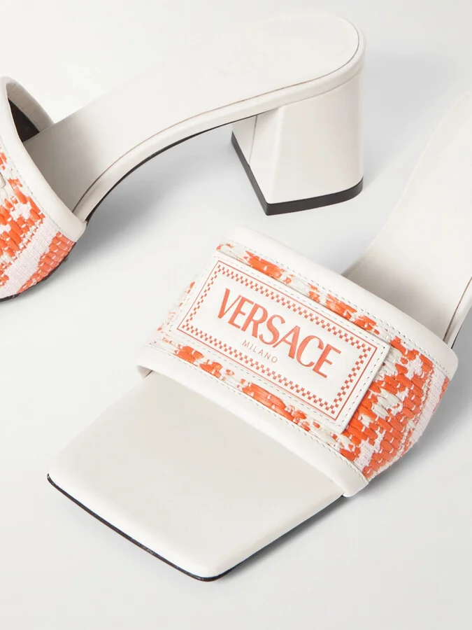 Versace - Appliquéd Leather-trimmed Woven Faux Raffia Mules - Orange - Image 4