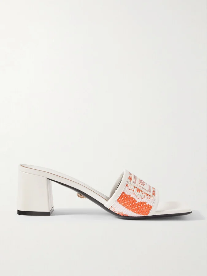 Versace - Appliquéd Leather-trimmed Woven Faux Raffia Mules - Orange