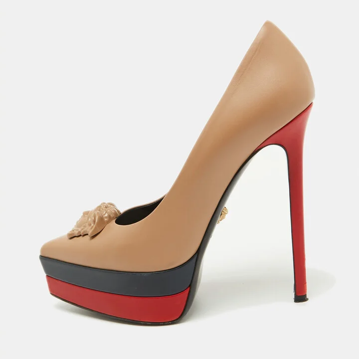 Versace Beige Leather Medusa Head Palazzo Platform Pumps Size 38
