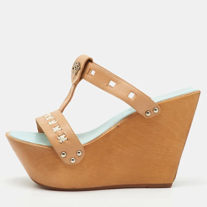 Versace Beige Leather Wood Platform Wedge Sandals Size 38