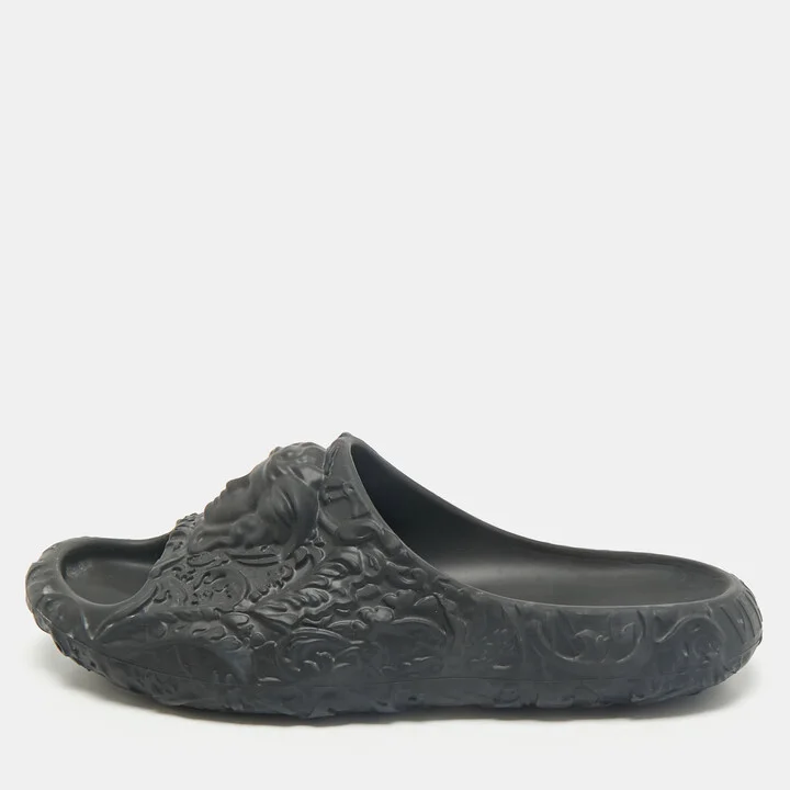 Versace Black Baroque Embossed Rubber Pool Slide Flats Size 42