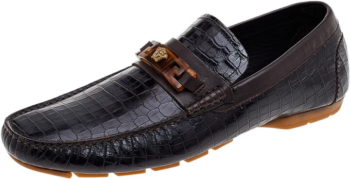 Versace Black/Brown Crocodile Leather Medusa Slip On Loafers Size 45