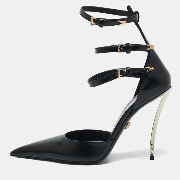 Versace Black Brushed Leather Pin-Point Ankle Strap Pumps Size 39