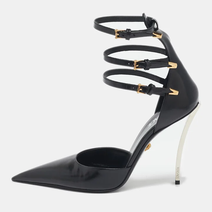 Versace Black Brushed Leather Pin-Point Pumps Size 41