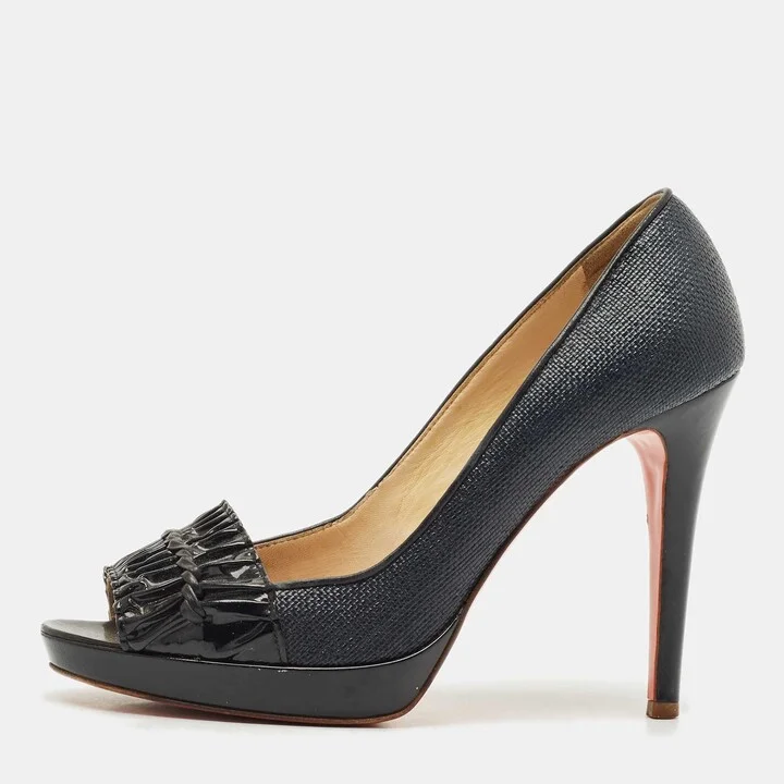 Versace Black Coated Raffia and Patent Leather Peep Toe Pumps Size 38