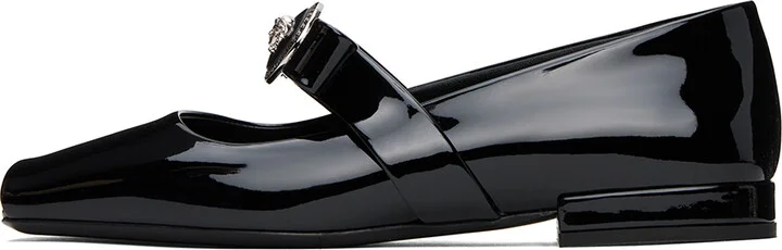 Versace Black Gianni Ribbon Open Patent Ballerina Flats - Image 3