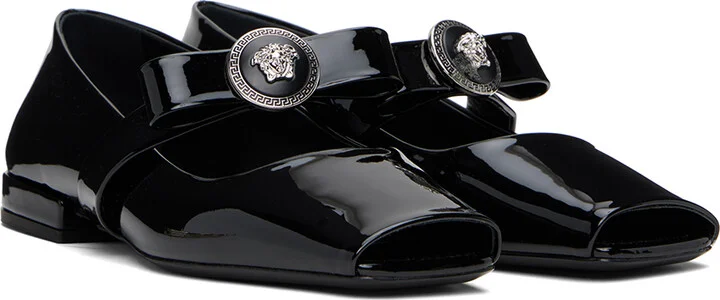 Versace Black Gianni Ribbon Open Patent Ballerina Flats - Image 4