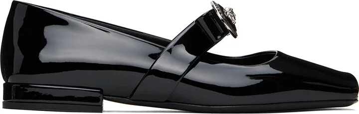 Versace Black Gianni Ribbon Open Patent Ballerina Flats
