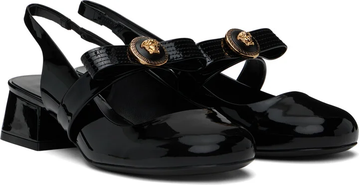 Versace Black Gianni Ribbon Patent Slingback 35 mm Heels - Image 4