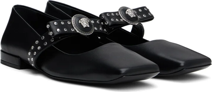 Versace Black Gianni Ribbon Studded Ballerina Flats - Image 4
