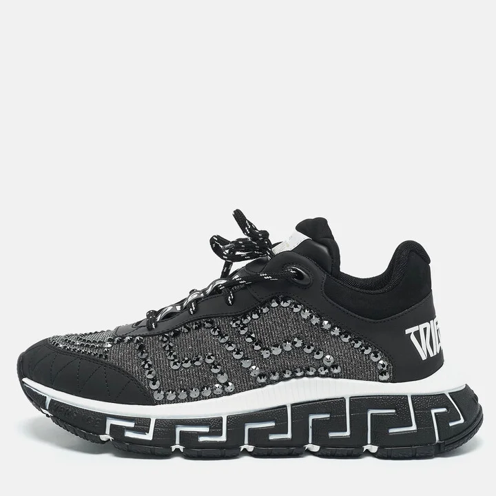 Versace Black/Grey Leather and Lurex Fabric Trigreca Sneakers Size 40