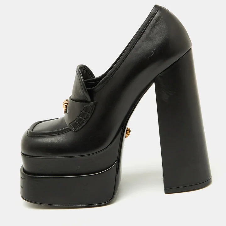 Versace Black Leather Aevitas Platform Block Heel Pumps Size 39