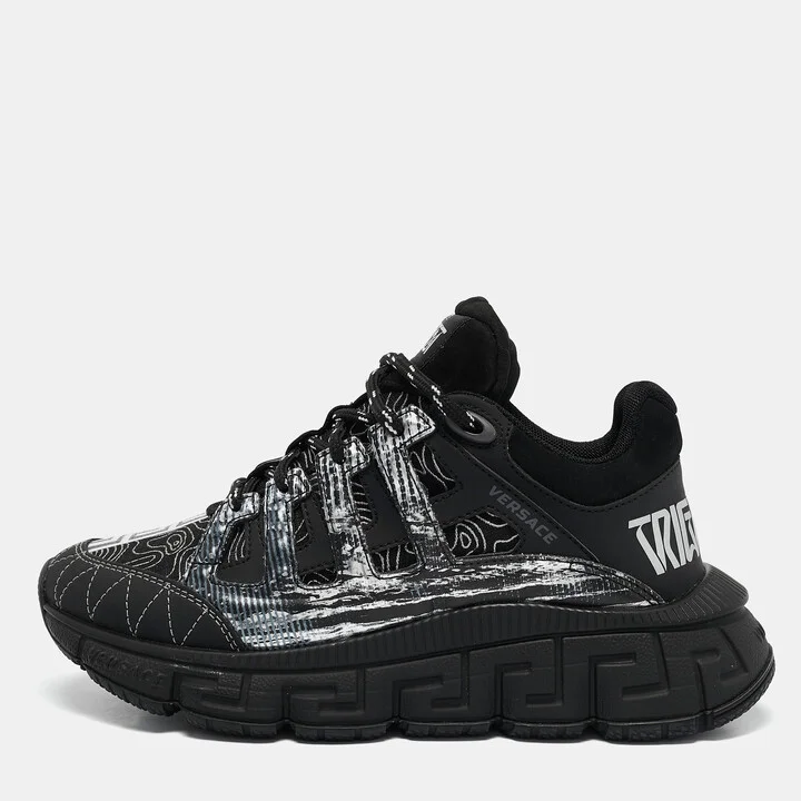 Versace Black Leather and Canvas Trigreca Sneakers Size 35