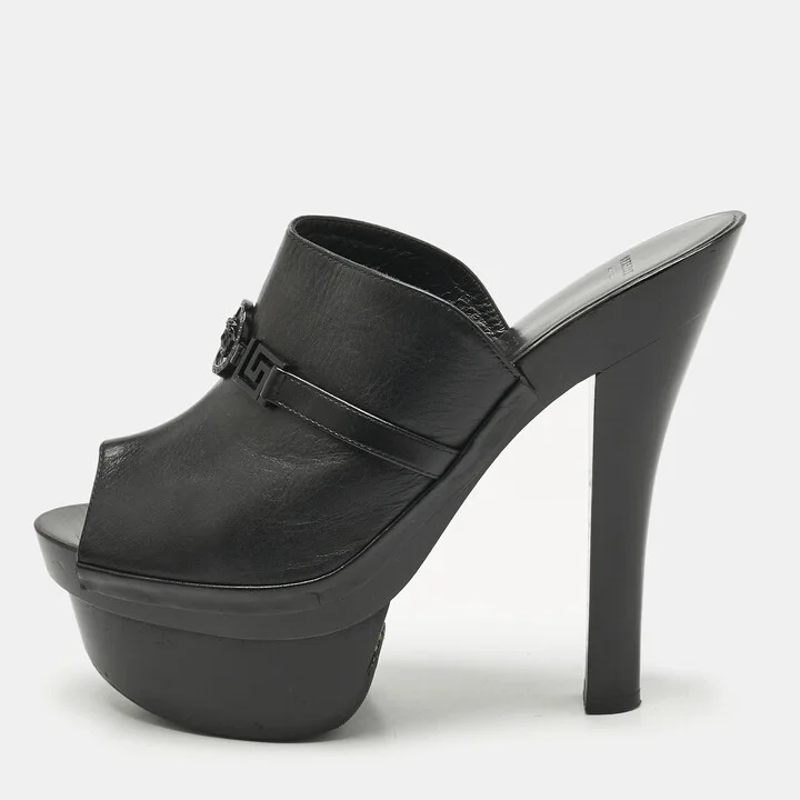 Versace Black Leather and Wooden Platform Medusa Sandals Size 39