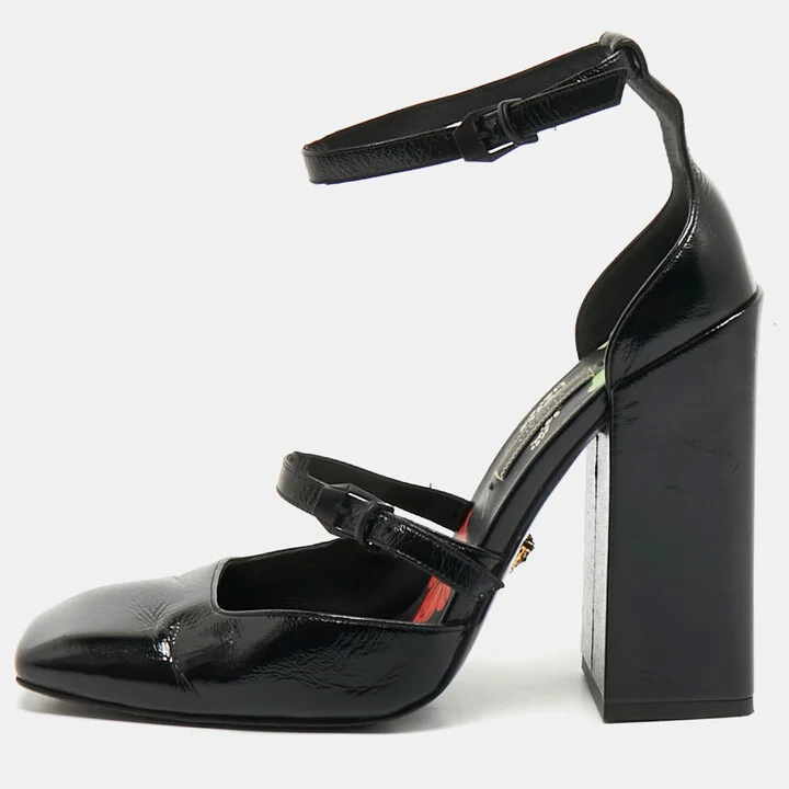 Versace Black Leather Ankle Wrap Block Heel Pumps Size 38