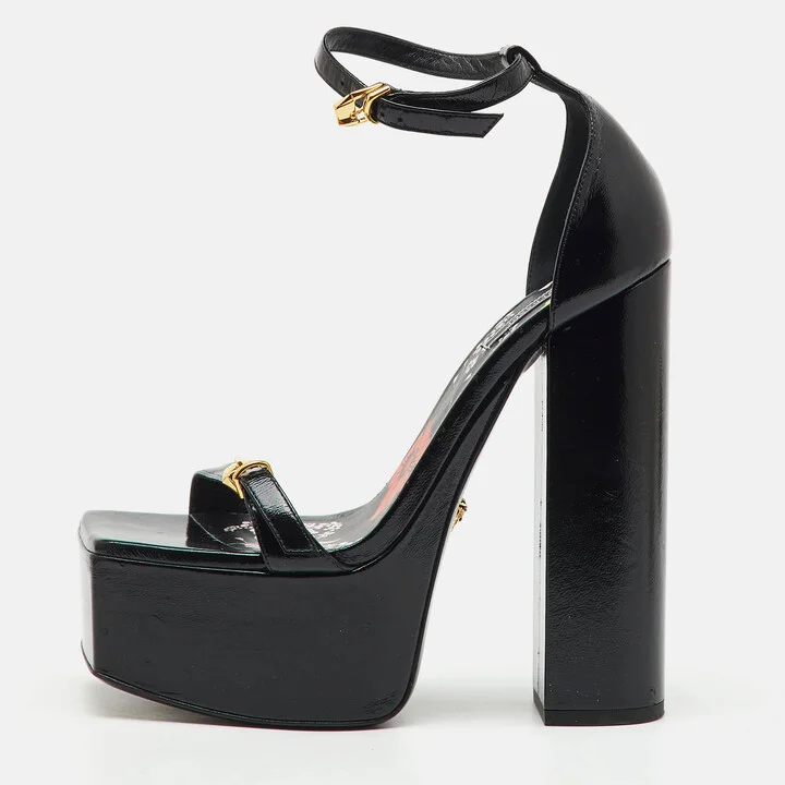 Versace Black Leather Block Heel Platform Ankle Strap Sandals Size 38