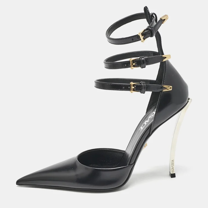 Versace Black Leather Decollete Triple Ankle Strap Pumps Size 37