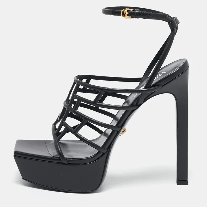 Versace Black Leather Greca Cage Platform Sandals Size 41
