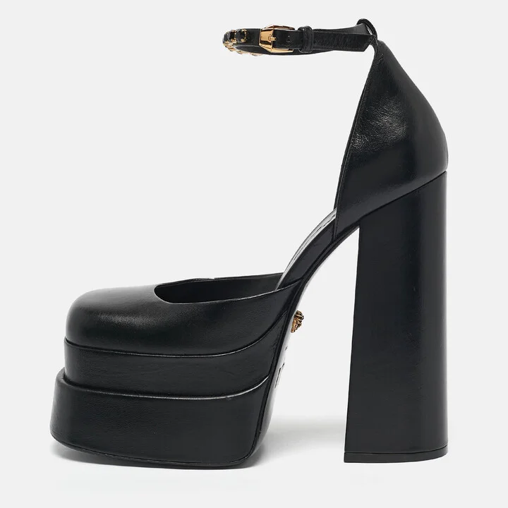 Versace Black Leather Medusa Aevitas Double Platform Pumps Size 39
