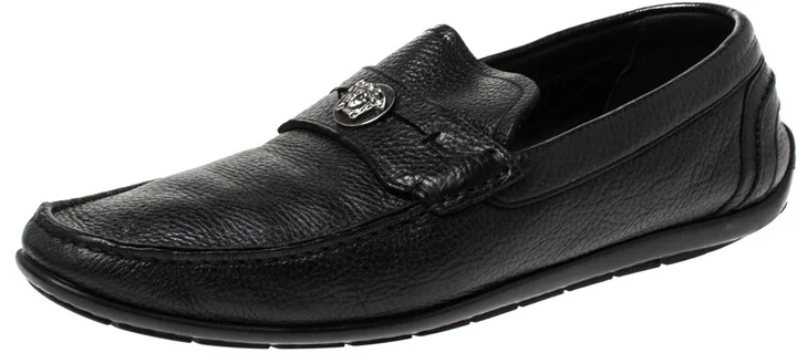 Versace Black Leather Medusa Detail Slip On Loafers Size 42