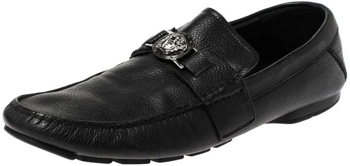 Versace Black Leather Medusa Detail Slip On Loafers Size 43