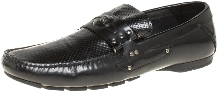 Versace Black Leather Medusa Detail Slip On Loafers Size 43