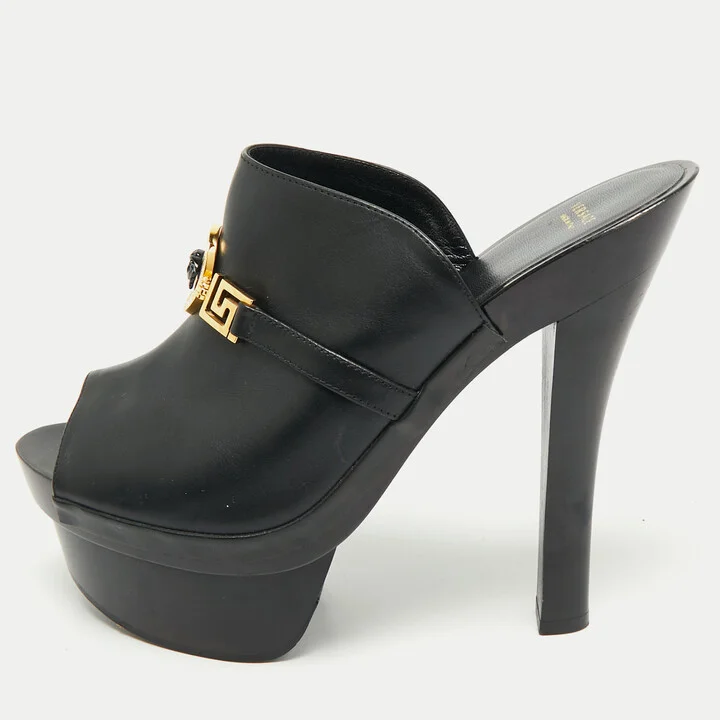 Versace Black Leather Medusa Insignia Slide Sandals Size 38.5