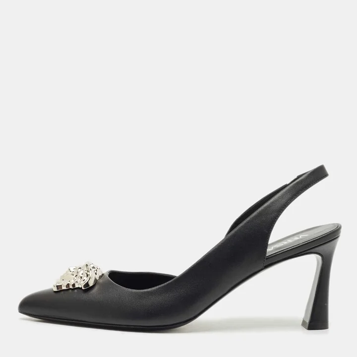 Versace Black Leather Medusa Slingback Pumps Size 39