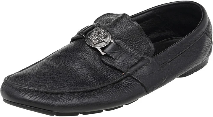 Versace Black Leather Medusa Slip On Loafers Size 44