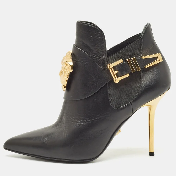 Versace Black Leather Palazzo Ankle Booties Size 37
