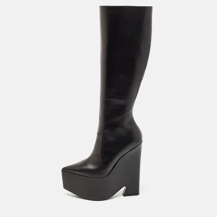 Versace Black Leather Platform Knee Length Boots Size 39