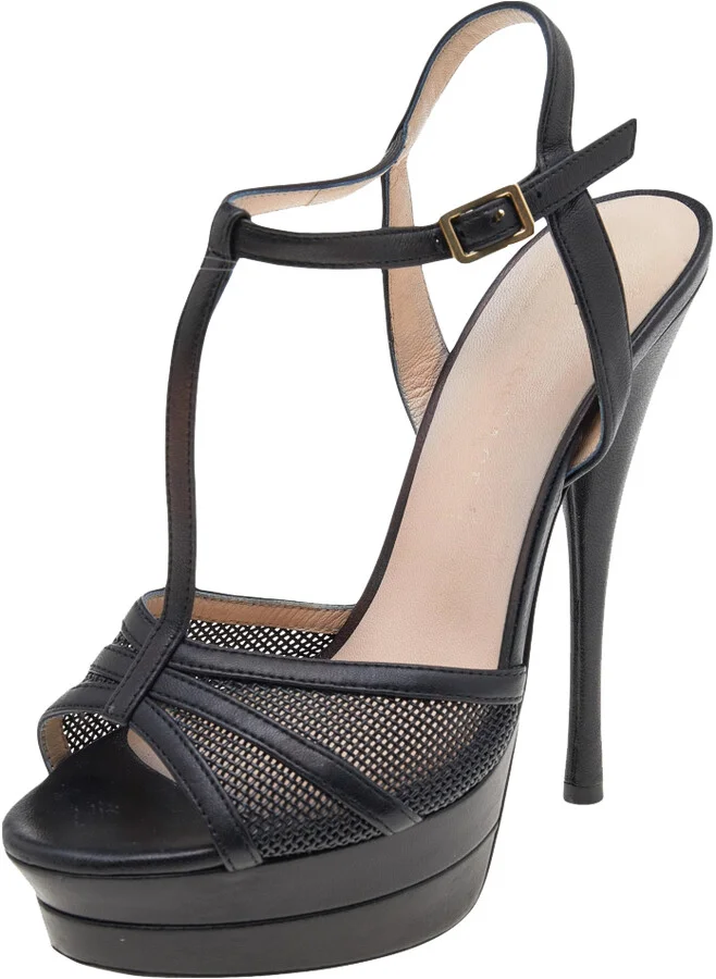 Versace Black Leather T-Strap Platform Sandals Size 37